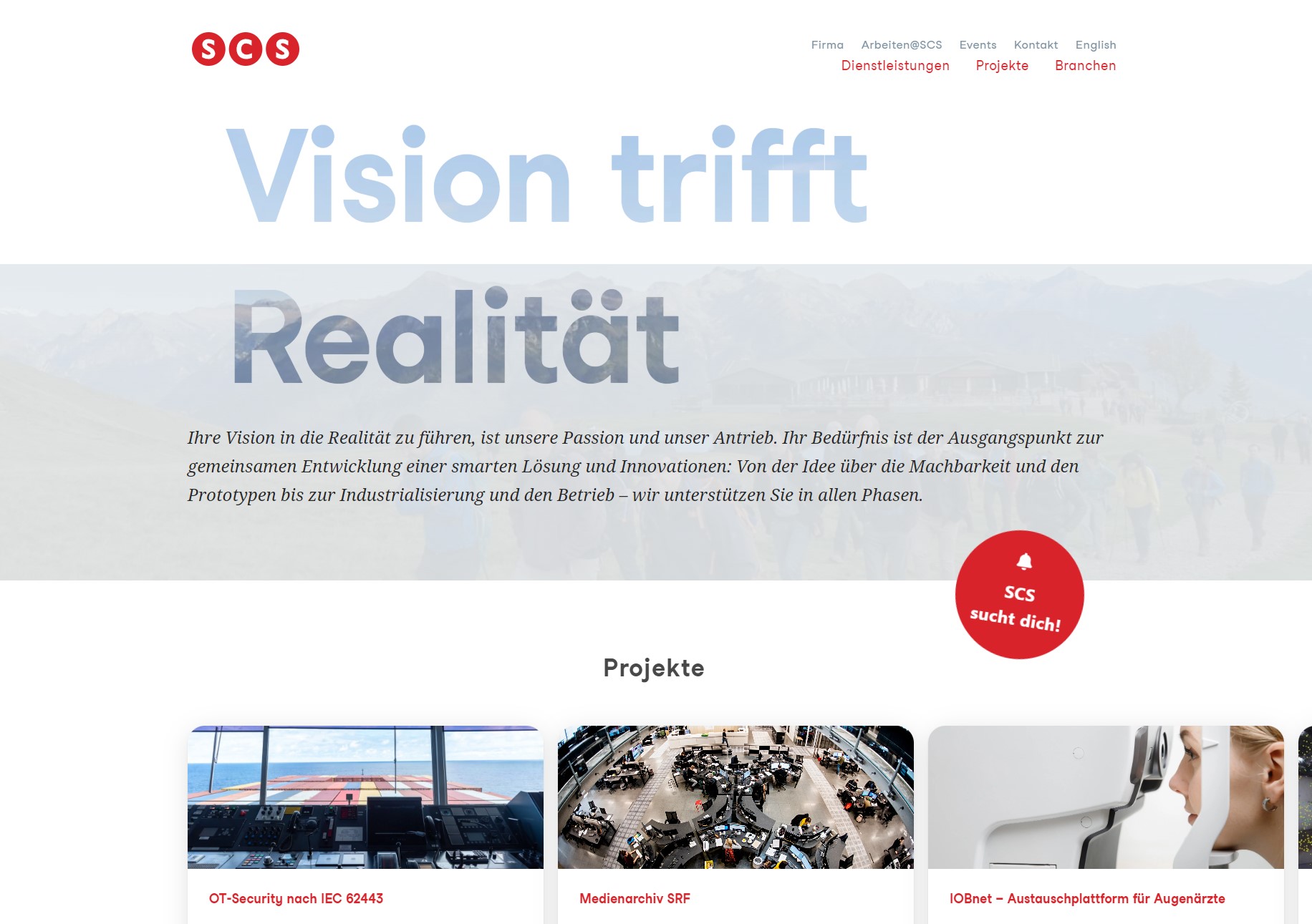 Frühere SCS-Website mit dem Titel Vision trifft Realität